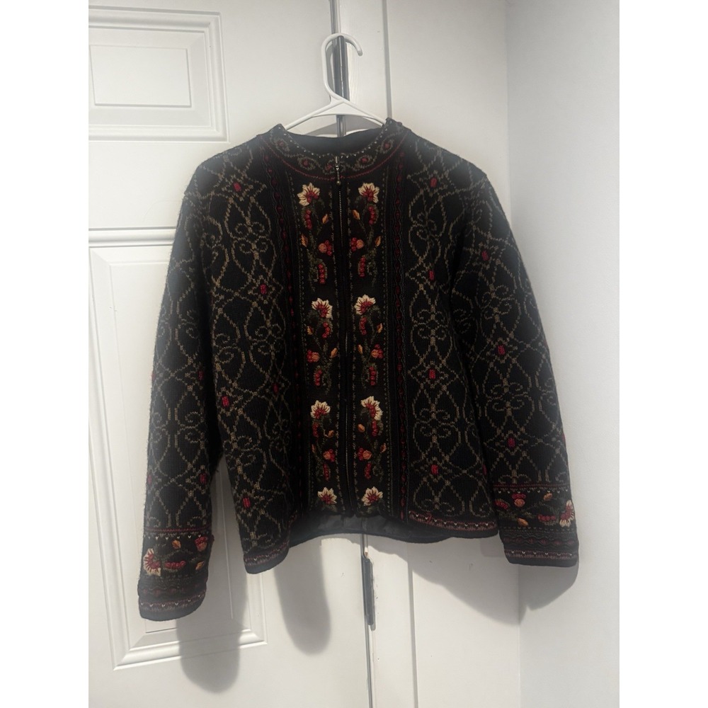 Vintage Icelandic Design‎ Floral Full Zip Nordic Embroidered Sweater S Fair Isle
